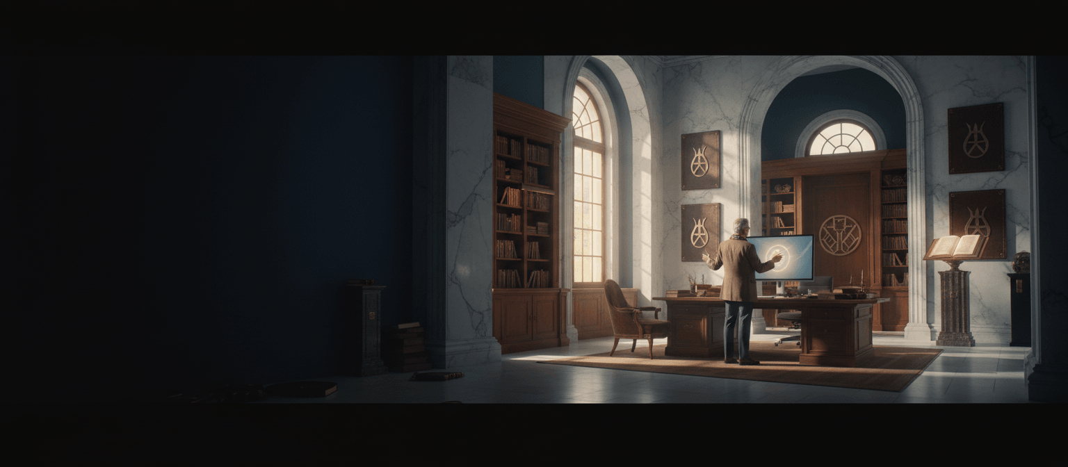 Older gray-haired man in tan blazer gestures at a flatscreen monitor behind a mahogany desk in a dramatically lit CGI classical library.
