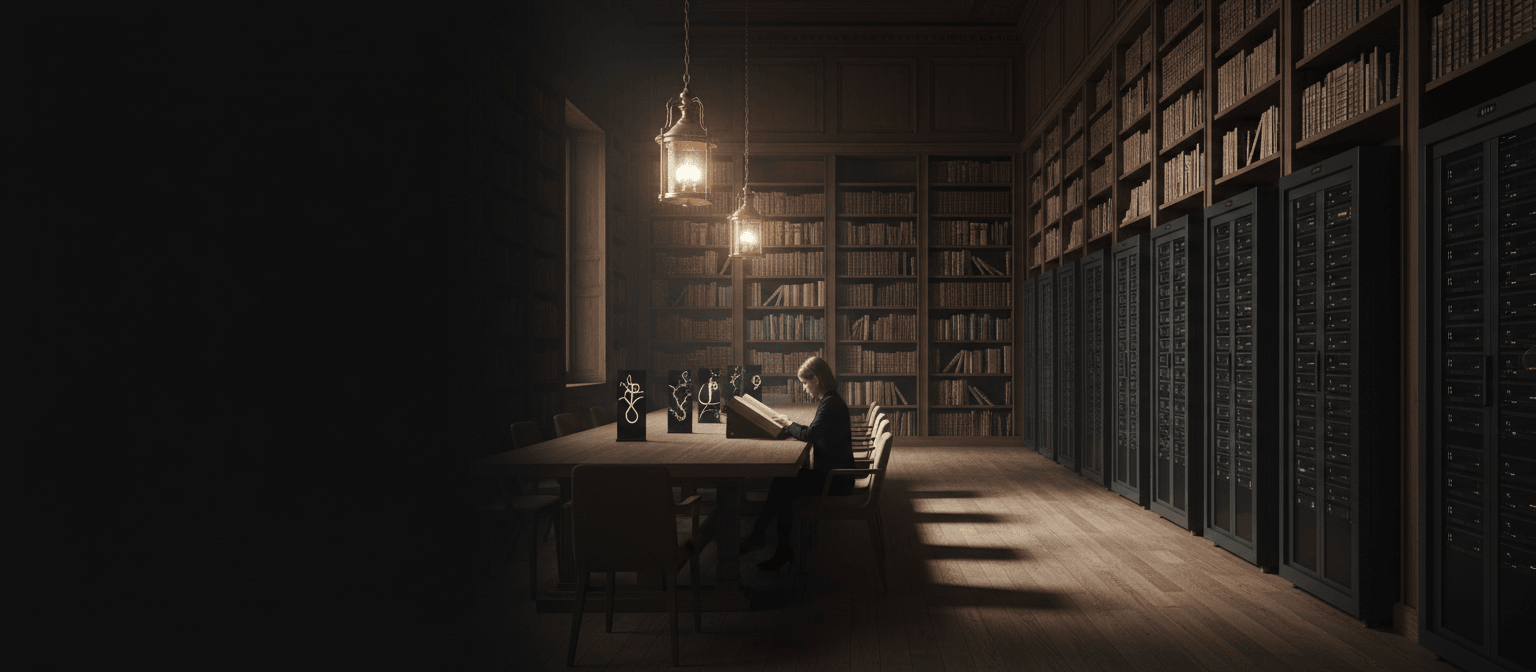 Light-haired person in dark clothing reads an open book at a long wooden table, flanked by floor-to-ceiling bookshelves and server rack cabinets.